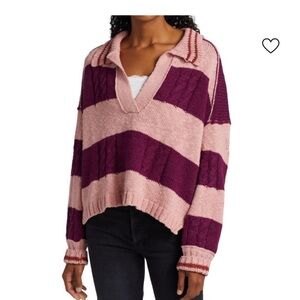 Free People Pink & Purple Cable Knit V-neck Striped Sweater